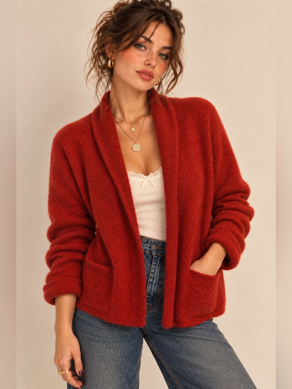 Eileen Fisher Wool Mohair Cardigan Sweater L Rust Red Button Front Pockets